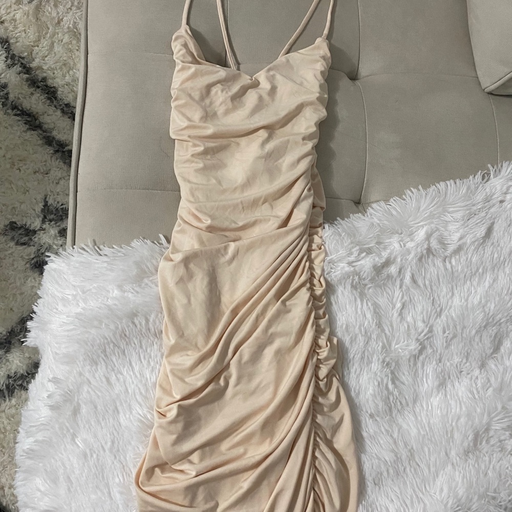Just a dream strapped ruched mini dress in cream